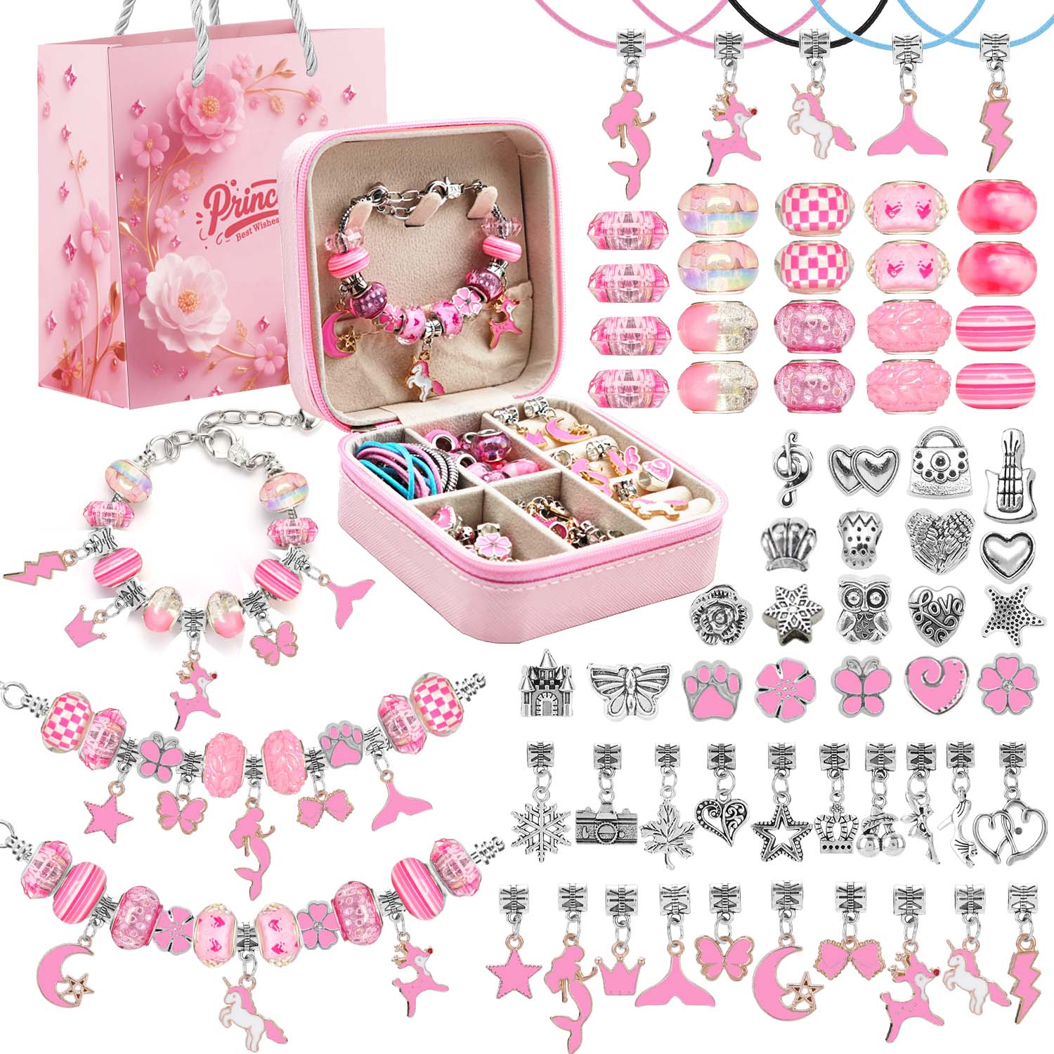 Resin Art Case - 68pcs pink beaded jewelry set, charm